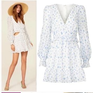 Light Blue Floral V-Neck Mini Dress with Puff Sleeves